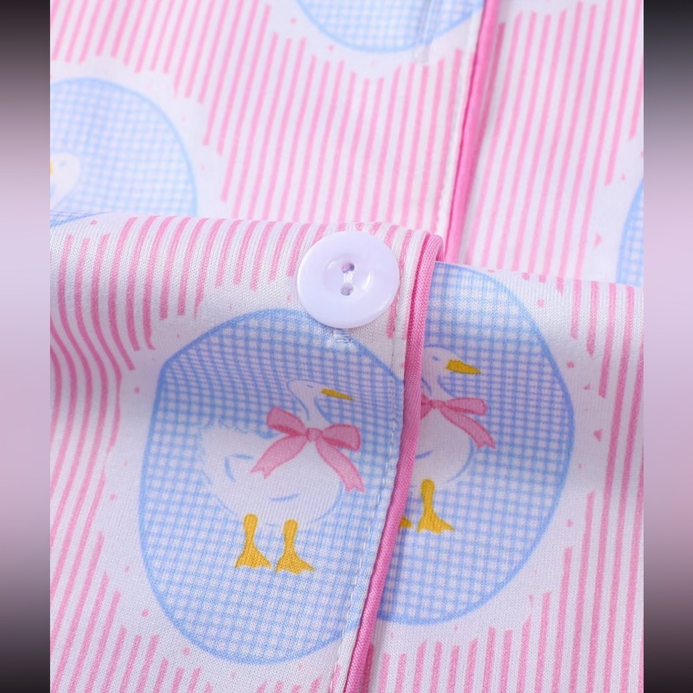 Pink Short Sleeve Swan Bowknot Oval Vintage Print Lounge Pajama Set New - Picture 8 of 13